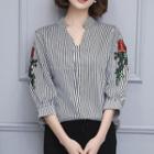Floral Embroidered 3/4-sleeve Striped Blouse
