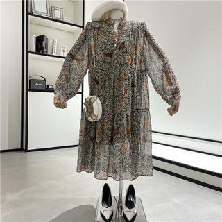 V-neck Plain Dress + Floral Print Dress