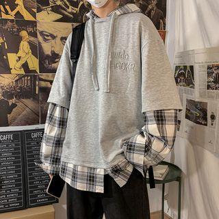 Mock Two-piece Lettering Embroidered Plaid Trim Hoodie
