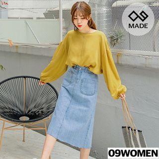 Plus Size Button-back Balloon-sleeve Oversized Top