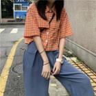 Color-block Check Short-sleeve Blouse As Shown In Figure - One Size