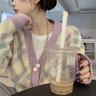 Plaid Loose-fit Cardigan Purple - One Size