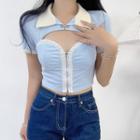 Short-sleeve Collar Cut-out Zip-up Top