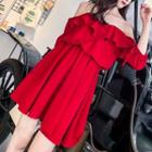 Elbow-sleeve Cold Shoulder Ruffle A-line Dress