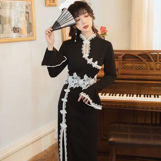 Bell-sleeve Floral Applique Lace Trim Midi Qipao Dress