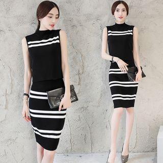 Set: Sleeveless Striped Knit Top + Pencil Skirt
