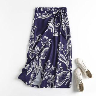 Leaf Print Slit Midi A-line Skirt