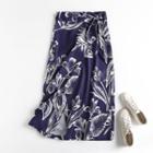 Leaf Print Slit Midi A-line Skirt