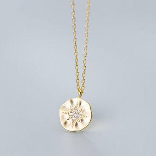 925 Sterling Silver Rhinestone Disc Pendant Necklace S925 Silver - Gold - One Size
