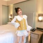 Long-sleeve Peter Pan-collar Blouse / V-neck Knit Vest