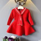Frill Long-sleeved Knitted Plain Sheath Dress
