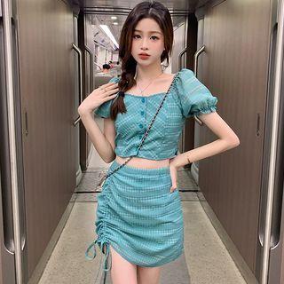 Set: Puff-sleeve Cropped Blouse + Drawstring Pencil Skirt (various Designs)