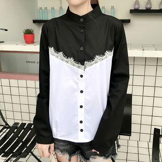 Lace Trim Color Block Blouse