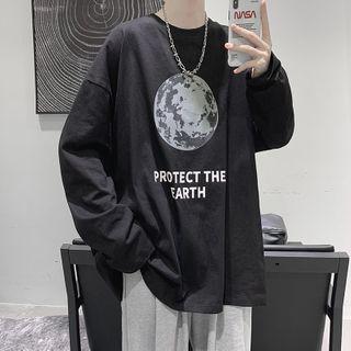 Earth Print Oversize Long-sleeve Pullover