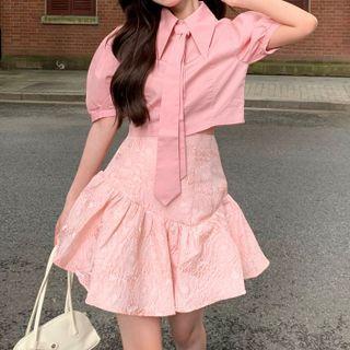 Puff-sleeve Shirt / Shirred A-line Skirt