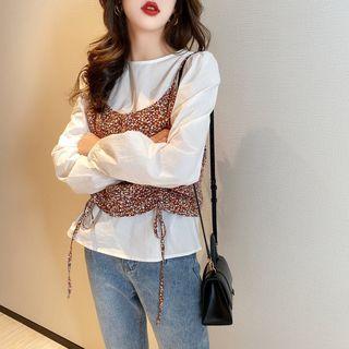 Set: Puff-sleeve Plain T-shirt + Drawstring Floral Vest