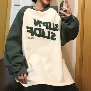 Long-sleeve Color-block Lettering T-shirt