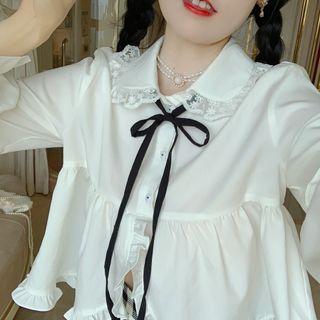 Long-sleeve Collared Lace-up Plain Top