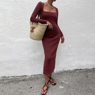 Ribbed Midi Kit Sheath Dress