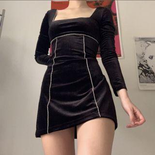 Long Sleeve Square-neck Velvet Mini Dress