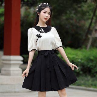 Frog-button Elbow-sleeve Top / Mini A-line Skirt