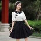 Frog-button Elbow-sleeve Top / Mini A-line Skirt