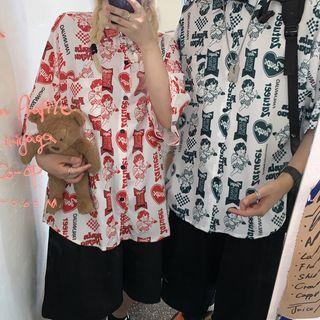 Short-sleeve Lettering Cartoon Print Shirt