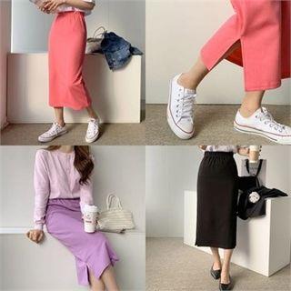 Band-waist Slit-side Cotton Skirt