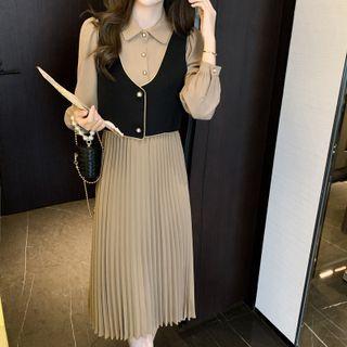 Set: Button-up Vest + Long-sleeve Pleated Dress