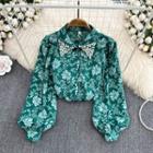 Puff Sleeve Faux Pearl Floral Print Shirt