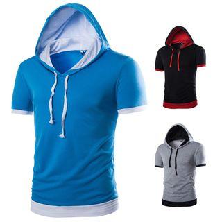 Mock Two-piece Hooded Short-sleeve T-shirt