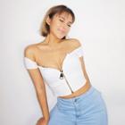 Off-shoulder Front Zip Short-sleeve T-shirt