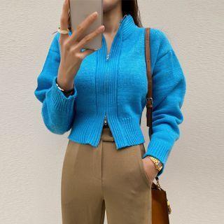 Mock-neck Reversible-zip Cropped Cardigan