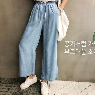 Drawcord-waist Wide-leg Pants Blue - One Size