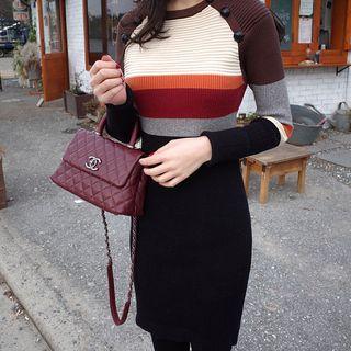 Knit Long-sleeve Color Block Sheath Dress