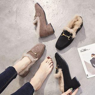 Fluffy Trim Block Heel Loafers