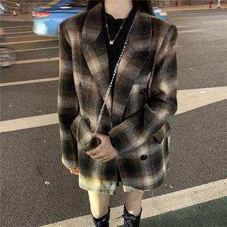 Plaid Woolen Blazer Plaid - Dark Brown - One Size