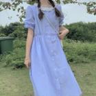Short-sleeve Plaid Lace Trim Midi A-line Dress Blue - One Size