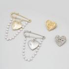 Set Of 2: Alloy Heart Brooch + Faux Pearl Safety Pin Brooch