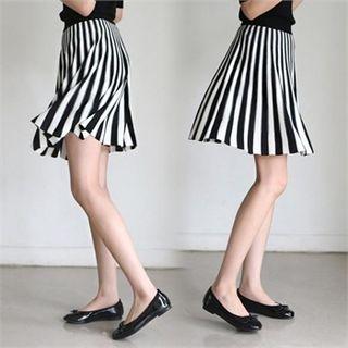 Band-waist Color-block Knit Skirt Black - One Size
