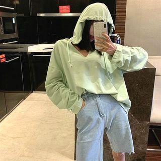 Plain V-neck Loose-fit Hoodie