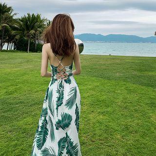 Spaghetti Strap Leaf Pattern A-line Maxi Dress