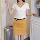 Set: Striped Short Sleeve V-neck T-shirt + Plain Pencil Skirt