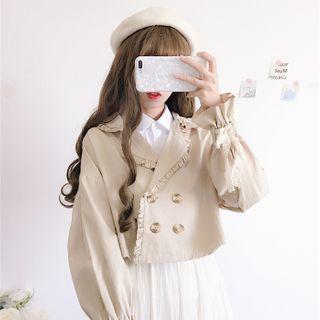 Cropped Double Breasted Frill Trim Blazer Khaki - One Size