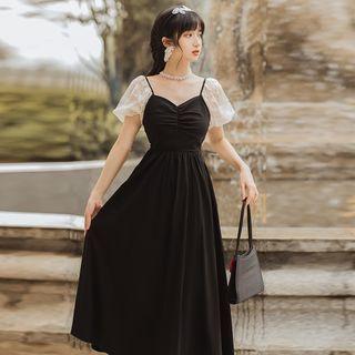 Short-sleeve V-neck Lace Color-block Midi A-line Dress
