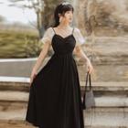 Short-sleeve V-neck Lace Color-block Midi A-line Dress