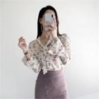 Tie-neck Slit-cuff Floral Blouse