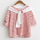 Mock Two-piece Elbow-sleeve Striped T-shirt