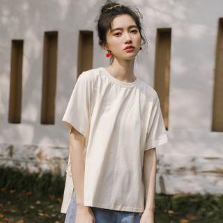 Short-sleeve Cartoon Embroidered T-shirt Almond - One Size