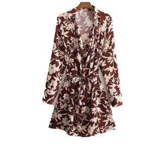 Long-sleeve Leaf Print Sashed Mini A-line Dress